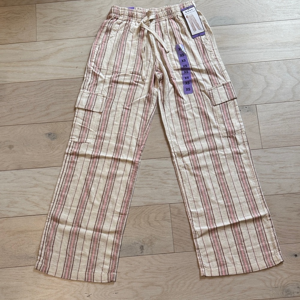 Roxy Pink and Cream Striped Linen Cargo Pants
